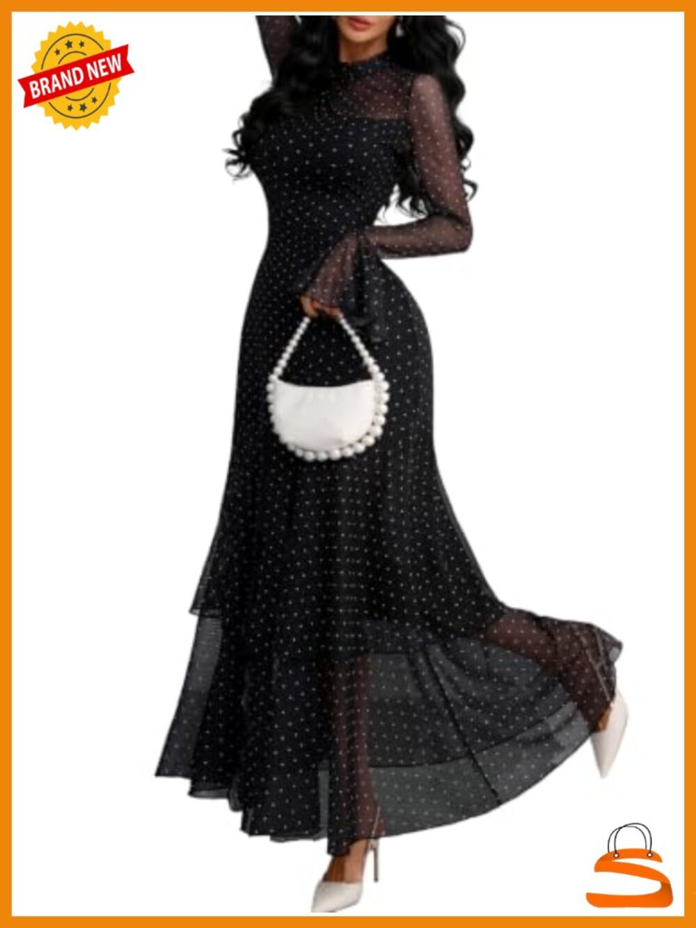 Women's Polka Dot Bell Sleeve Ruffle Semi Formal Maxi Dress